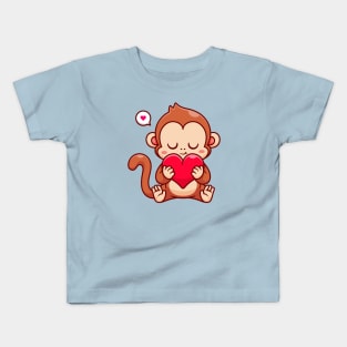 Cute Monkey Holding Love Heart Cartoon Kids T-Shirt